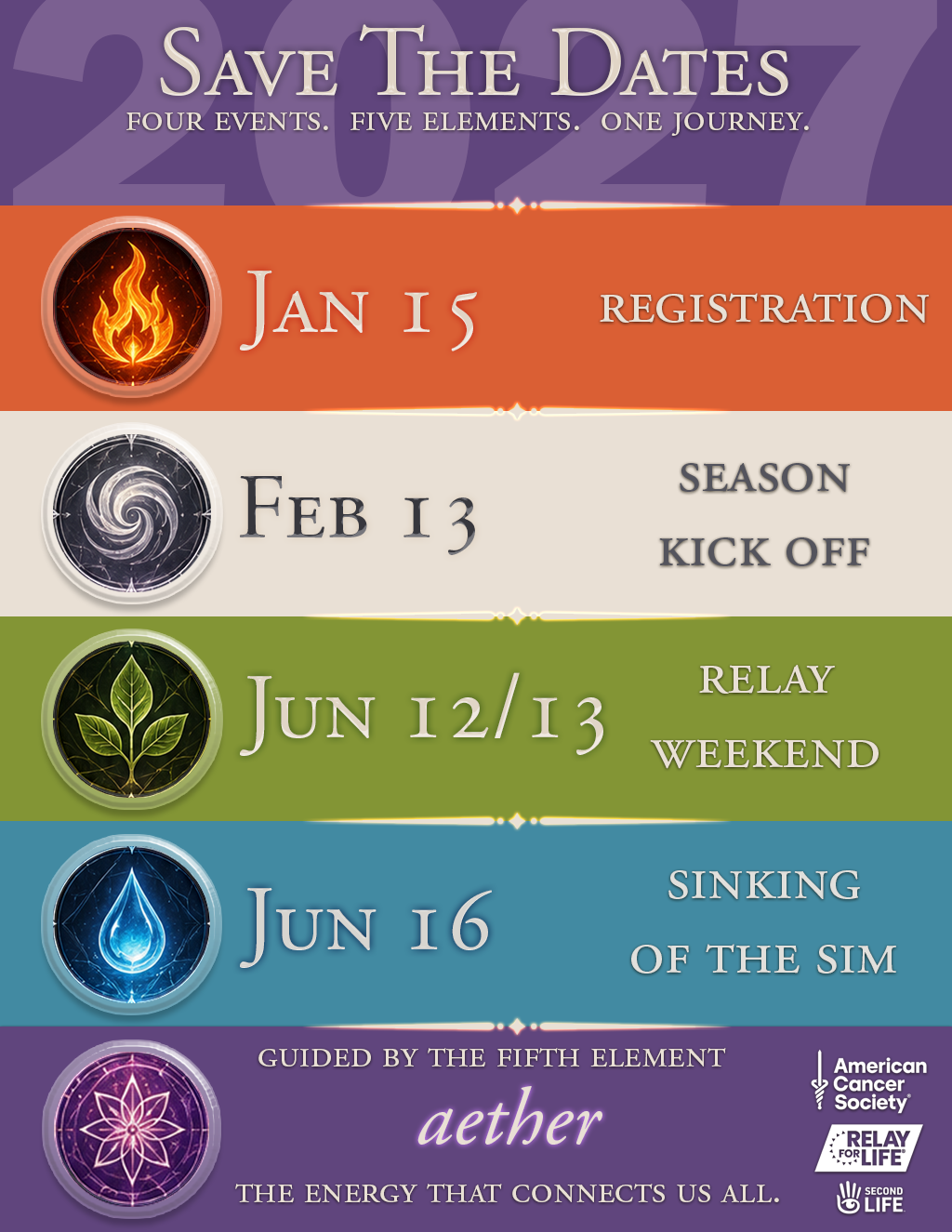 Save the Dates - Relay Season 2027 - Registration: Jan 15, Kick OFf: Feb 13, Relay Weekend: June 12 to 13, Sim Sinking: June 16